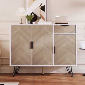 Commode, rectangulaire, avec tiroirs de rangement, 3 portes en effet bois, pieds en bois massif, vintage, meubles de salon en bois - Blanc