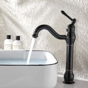 Robinet Salle de Bain Haut Peut pivoter &agrave; 360 &deg;Mitigeur Lavabo, R&eacute;tro Classique Robinet Lavabo en Laiton, Noir