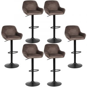 Lot de 6 Tabouret de Bar，en velours，Reglable en Hauteur et Pivotant，avec Dossier et Accoudoirs, marron