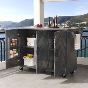 Desserte de cuisine sur roulettes avec table pliante, îlot de cuisine mobile avec 3 portes, étagères réglables, porte-serviettes, MDF, gris