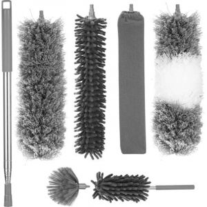 7 Pi&egrave;ces Plumeau Telescopique, Tete De Loup Telescopique Longueur Maximale 27-256 cm, Plumeau Lavable Microfibre, Plumeau Poussiere Telescopique pour