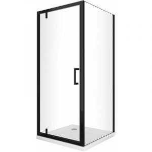 Cabine de douche avec paroi lat&eacute;rale fixe et porte roto-translante avec pivots asym&eacute;triques, verre 8 mm H 200 noir mat 110 (108-110) FIXE x PORTE 80