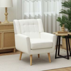 Modfu - Fauteuil - Chaise longue blanche avec dossier capitonné, tissu doux en peluche, pieds en bois, fauteuil de salon confortable pour le salon et
