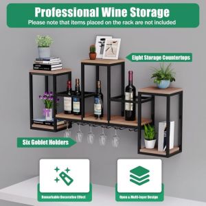 &Eacute;tag&egrave;re Murale en M&eacute;tal - Casier &agrave; Vin R&eacute;tro en Fer et Bois - Porte-Vin et Porte-Verres pour Maison et Restaurant