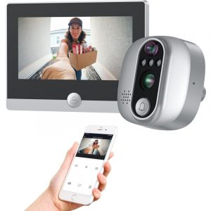 Cam&eacute;ra espion WiFi pour judas avec &eacute;cran couleur 4,3 pouces, judas num&eacute;rique avec grand angle 158&deg; et capteur PIR, batterie 5000 mAh, WiFi 2,4 GHz,