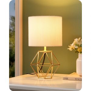 EDISHINE Lampe de Chevet E14 Ampoule LED Incluse de 2700K Blanc Chaud,Abat-jour Ivoire Pliss&eacute;, Base M&eacute;tallique Dor&eacute;e en Forme de Diamant