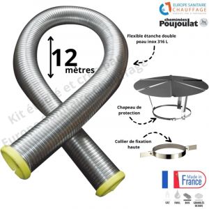 Kit tubage flexible double peau inox diamètre 130 + collier de fixation haute + chapeau Poujoulat Longueur du conduit 12 mètres