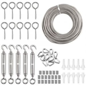 Kit de cl&ocirc;ture de jardin en acier inoxydable r&eacute;sistant avec rev&ecirc;tement en pvc 30 m, vis &agrave; &oelig;il tire-fond, tendeur de fil et crochet - RWTendeur &agrave; cages