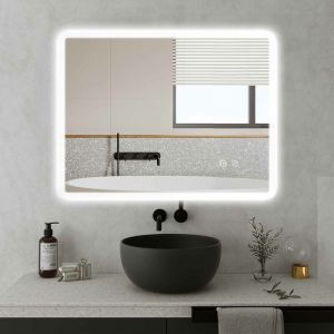 Miroir led de Salle de Bain 50x70cm, Miroir de Salle de Bain avec Bande Lumineuse à Largeur Uniforme, Miroir Mural avec Lumières Tricolores,