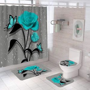 4 Ensembles Turquoise Gris Rose Rideaux de Douche avec 12