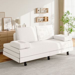 Lit gigogne 90/180x200 cm, lit capitonn&eacute;, avec canap&eacute;-lit extensible, tissu lin, sommier &agrave; lattes, canap&eacute;-lit double - Blanc