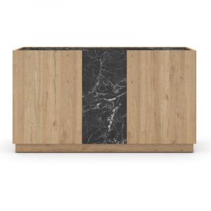 Buffet, commode rectangulaire avec 3 portes aspect bois coloris naturel et effet marbre noir - Longueur 140 x Profondeur 41,80 x Hauteur 78,50 cm