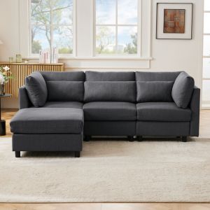 Canap&eacute; d'angle en L 220x83x81 cm avec m&eacute;ridienne et pouf r&eacute;glable, design moderne, multifonctionnel 3 places, tissu coton lin, gris