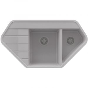 PRIMAGRAN Evier d'angle en Granit 90x50cm,Lavabo Cuisine 1,5 bacs + Kit de Vidage, &Eacute;vier &agrave; Encastrer au meuble 70cm - Copenhague Corner, Gris