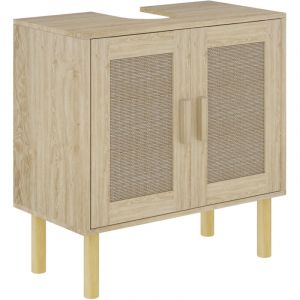 Meuble de salle de bain, meuble sous-vasque, portes en rotin, pieds en pin, 2 niveaux, 60 x 30 x 60 cm, ch&ecirc;ne