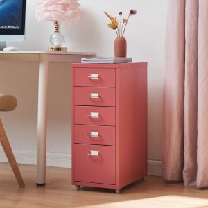[en.casa] - Caisson de bureau K&ouml;kar &agrave; roulettes avec 5 tiroirs 69 x 28 x 41 cm rouge past&egrave;que