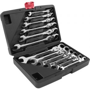 Lot de 12 Cl&eacute;s Plates, Cl&eacute; Plate &agrave; Cliquet Mixtes R&eacute;glable, Jeu de Cl&eacute;s Mixtes avec Bo&icirc;te &agrave; Outils, 8-19 mm M&eacute;trique Dent Cl&eacute; Plate