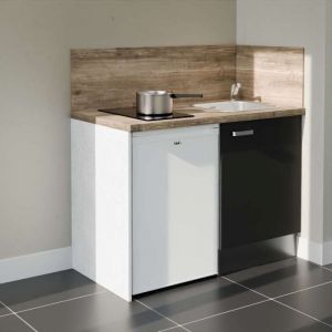 Kitchenette K08L-PT - 120 cm - plan stratifi&eacute;, &eacute;vier inox, - Fa&ccedil;ade Noir - Plan Bois - Evier Inox - Cr&eacute;dences Oui + Electrom&eacute;nager inclus coloris