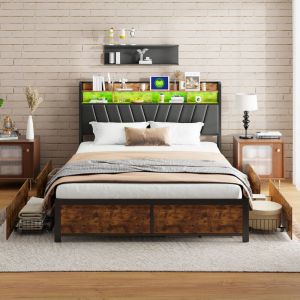 Lit Adulte 180x200, Lit 180x200 avec 4 Tiroir, Lit Double led et Chargement usb, Lit Capitonné Tête de Lit avec Rangement, Cadre de Lit Sommier à