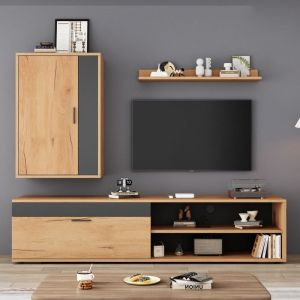 Meuble TV salon moderne 3 pi&egrave;ces avec vitrine et &eacute;clairage LED int&eacute;gr&eacute; - Noir - 140 cm