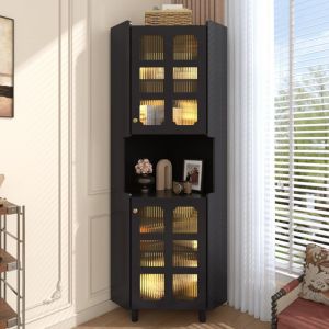 Vitrine d'angle 63,5x45x157,5 cm &mdash; Meuble d'angle multifonctionnel avec &eacute;clairage LED, 2 portes vitr&eacute;es, &eacute;tag&egrave;res ouvertes, pour salon, bureau et
