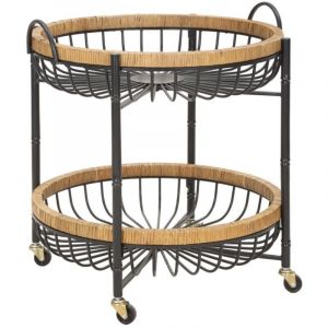 Table desserte ronde Trolley Boho Chic avec &eacute;tag&egrave;res en m&eacute;tal et rotin 57x55,5x62,5 cm