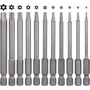 Lot de 11 embout pour visseuse Torx - 75 mm - En acier S2 - Magn&eacute;tique - 6 pans - T6 T7 T8 T9 T10 T15 T20 T25 T27 T30 T40 - Embouts Torx visseuse a