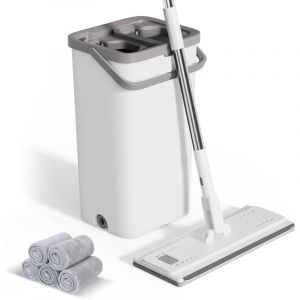 Serpill&egrave;re Seau Essoreur, Balai Serpill&egrave;re Microfibre Plat avec 5 Serpill&egrave;res R&eacute;utilisables, Serpill&egrave;re et Seau Essoreur avec Manche INOX, 2 en 1