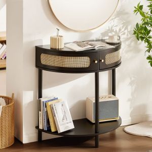 Table console en rotin demi-lune avec 2 tiroirs, table deentree en rotin avec porte coulissante en rotin naturel, 810 x 400 x 820 mm, avec rangement
