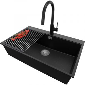 Primagran - Evier Cuisine en Granit 78x50cm, Lavabo 1 bac + Robinet 40x20cm + Kit de Vidage + Accessoire, Évier à Encastrer au meuble 80cm - Oslo,