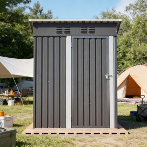 Abri de jardin m&eacute;tal Toit Plat 152&times;84&times;182 cm, Abri avec Porte Fermable, Sans Fen&ecirc;tre, Surface de Stockage 1,27 m&sup2; pour Outils de Jardin - Gris Fonc&eacute;