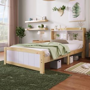Modfu - Lit simple de style fonctionnel moderne litenfant adultes/enfants, 90x200 cm, sommier à lattes, tête de lit avec compartiment de rangement