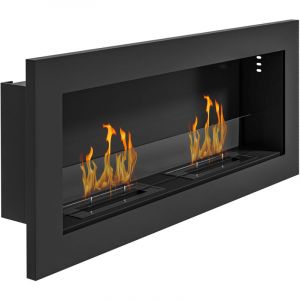 Chemin&eacute;e ethanol murale encastrable, br&ucirc;leur 2x0.85L, autonomie 3h, acier noir 90x15x40cm