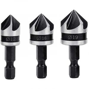 Aiducho - 3PCS Fraises à Chanfreiner 90 Degrés Fraise Conique à Noyer 12mm/16mm/19mm Fraise Bois 1/4' Hex Foret Fraisage Bois en Acier au Carbone