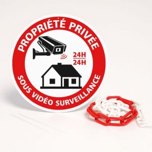 Signaletique.biz France - Panneau propriété privée sous vidéosurveillance 24h/24 disque rigide prépercé avec chaine plastique rouge/blanc avec