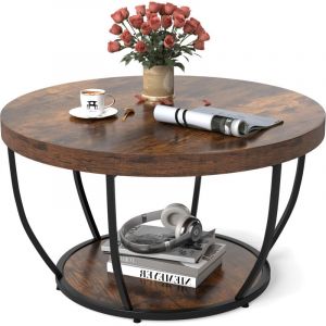 Table Basse Ronde 80 x 45cm &agrave; 2 Niveaux, Table de Cocktail avec Cadre en M&eacute;tal, Table d'Appoint avec Plateau en Faux Bois, Charge 90KG, Marron