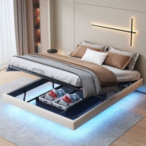 Sureh - Lit 160 x 200 flottant design avec éclairage led et rangements, 160x200 avec Sommier à Lattes en Bois et Structure en métal, Lits 2 Personnes