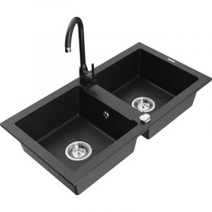 Mario &eacute;vier en granit &agrave; 2 cuves avec robinet m&eacute;langeur Telma, Noir/Argent - 6504-73-670200-70 - Mexen