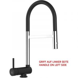 Mitigeur De Cuisine Rabattable Robinet Sous Fenêtre 6CM, Poignée à GAUCHE, avec bec pivotant 360° et douchette 2-jets détachable, Chromé et Noir Mat