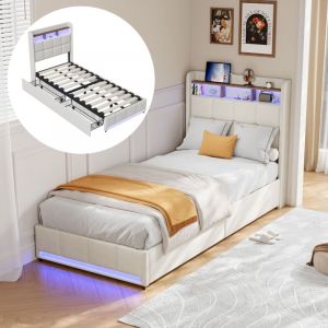 Lit avec tiroirs 90x200 cm, 1 places, lit simple avec rangement, 2 tiroirs, &eacute;clairage LED, &eacute;tag&egrave;res, USB-A/C, sommier &agrave; lattes en bois, cadre en
