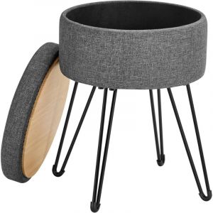 Songmics - Tabouret de Rangement, Siège Rond, Tabouret de Coiffeuse, Pouf, Repose-Pieds, Volume de 9,4L, Pieds en Métal, Siège Rembourré, Gris Foncé