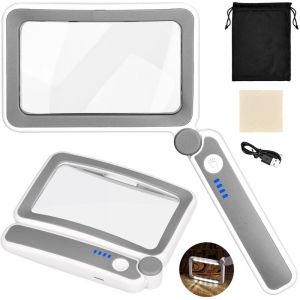 Loupe de Lecture 4X Rectangulaire, Loupe Grossissante Pliante avec 10 LED Lumières, Loupe Grossissante avec Lumière USB Rechargeable, 3 Modes