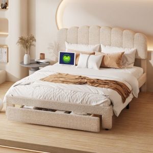 Tanant - Lit avec tiroir double 160x200cm, avec 1 tiroir, grand rangement, sommier à lattes, Tête de lit réglable en hauteur, lit adulte scandinave,