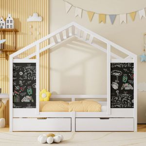 Lit enfant 90 X 200CM, lit cabane en pin, lit mezzanine avec tiroirs, tableau noir, bois massif, avec protection anti-chute, rangements, lit de jeu