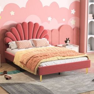 Lit simple capitonné 140x200 cm, tissu velours, avec sommier à latte, tête de lit en forme de fleur, style scandinave, lit enfant - Rouge