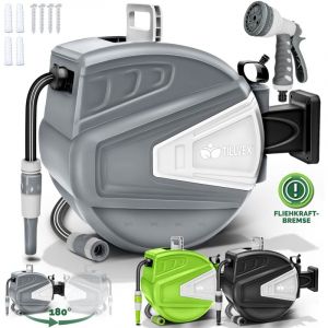 tillvex Enrouleur de Tuyau d'arrosage 20+2m Vert pour Jardin - avec support mural + poign&eacute;e D&eacute;vidoir pour tuyau avec pistolet &agrave; eau et tuyau