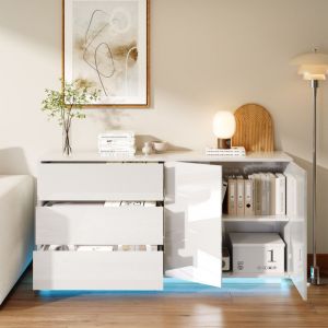 Meuble bas de enfilade 160x76x35 cm avec &eacute;clairage LED, 3 tiroirs et armoire de rangement, buffet laqu&eacute; brillant - Blanc