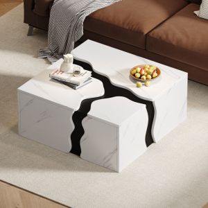 Table basse moderne carr&eacute;e 70x70x31cm 1 Grand Tiroir Placage Marbre Design Ondul&eacute; Noir Blanc Canap&eacute; table