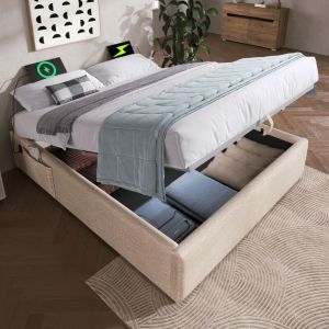 Wishdor - Lit coffre 160x200 cm, lit double 160x200 cm, lit capitonné beige avec usb-c et sommier à lattes, sans tête de lit, sans matelas, lin