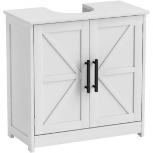 Meuble de salle de bain sous vasque, armoire avec 2 portes aimant&eacute;es style ferme et tablette, 60 cm large, blanc cass&eacute;
